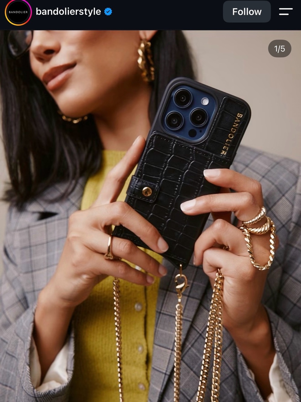 Bandolier “Mona” MagSafe Black Croc Embossed Leather Phone Case with Gold Chain